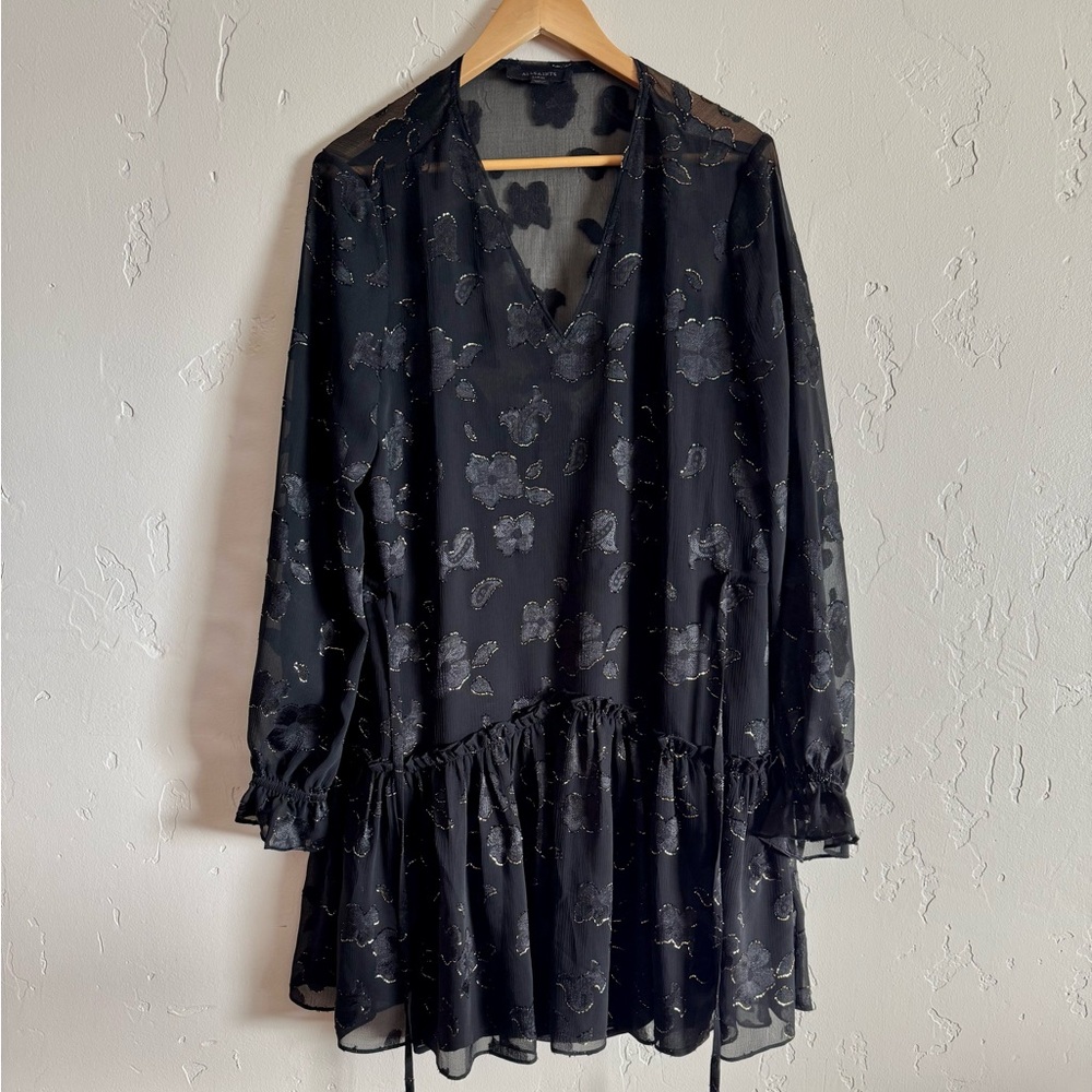 AllSaints Black & Gold Floral Jacquard Textured Dress
